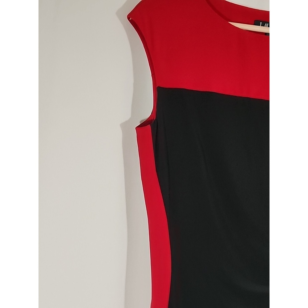 Lauren Ralph Lauren‎ Sheath Dress Red Black Colorblock Cap Sleeve Ruched Size 6 - Picture 3 of 9
